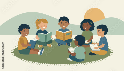 A group of children sitting on a rug reading books together outside