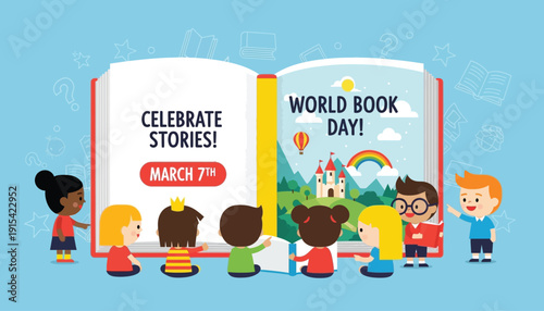 Children celebrating world book day with a giant book