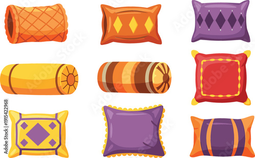 Set of nine colorful vector illustrations featuring diverse decorative throw pillows and bolster cushions for interior home design