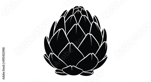 A striking black silhouette depicts an artichoke with detailed overlapping leaves and a textured form silhouette high quality