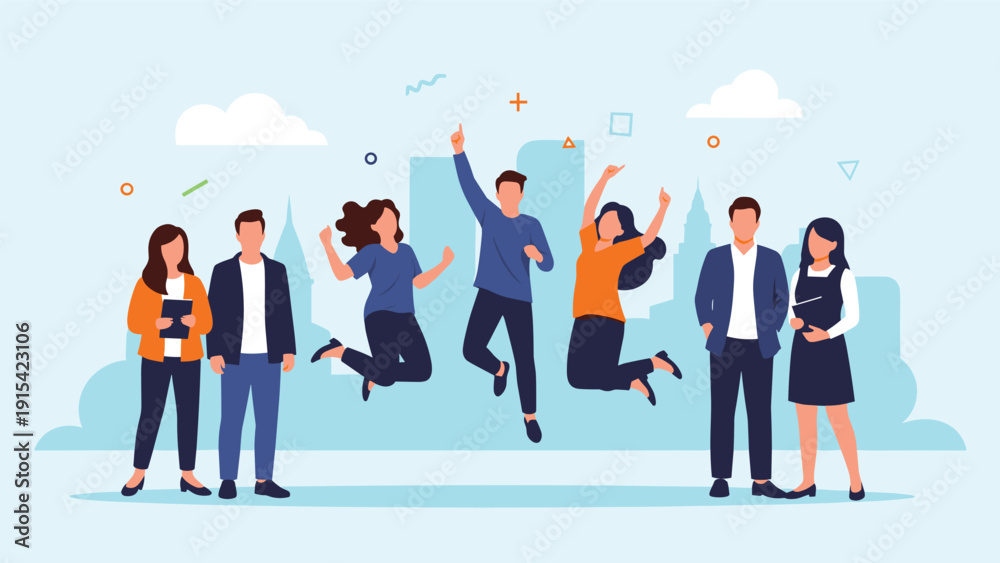 Obraz premium Diverse group of happy young professionals and students standing and jumping for joy in front of a modern urban city skyline background.