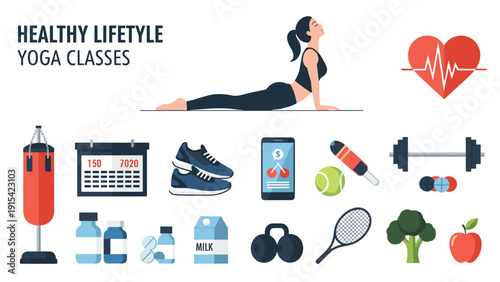 Healthy lifestyle concept featuring a woman in a cobra yoga pose surrounded by various fitness sports and nutritional icons for wellness training.