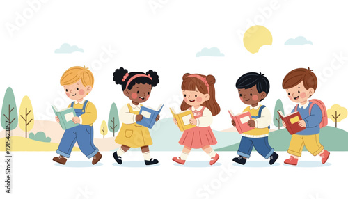 A group of children walking while reading books