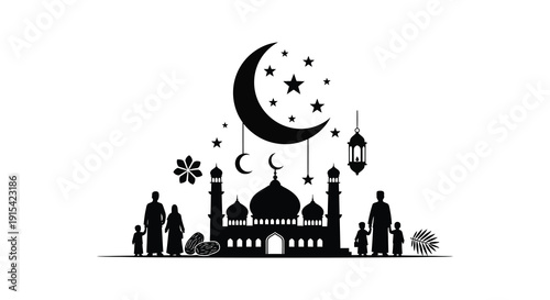 A striking black silhouette depicts a crescent moon mosque and family under a starlit sky silhouette high quality