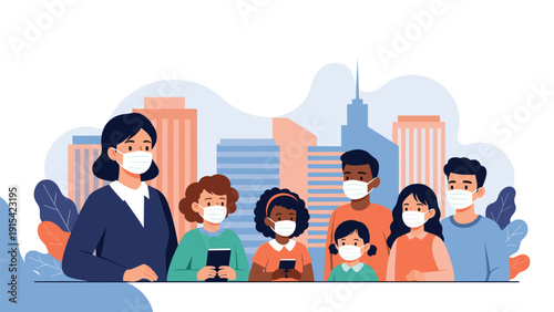 Group of multiethnic people of different ages wearing protective face masks for health and safety in an urban city environment with skyscrapers.