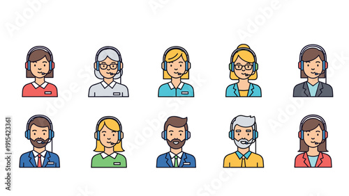 Collection of diverse male and female customer service representative avatars wearing headsets for professional call center and technical support.