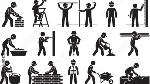 Construction worker icons set, black silhouette builders performing masonry drilling painting carrying and heavy equipment tasks