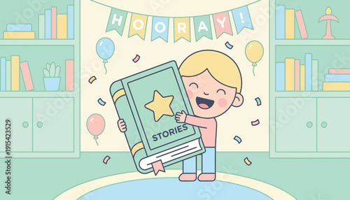 A cartoon boy holding a large book in a library