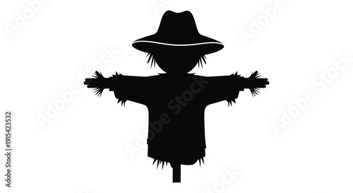 A stark black silhouette of a scarecrow with outstretched arms and a weathered hat evoking autumn imagery silhouette