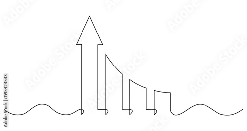 Continuous line drawing of a bar chart with an upward arrow for business growth