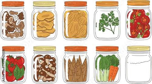 Glass Jar Food Storage Vector Set with Preserved Vegetables, Mushrooms, Herbs and Homemade Pantry Ingredients Illustration Collection
