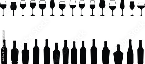 Wine glasses and bottle silhouette collection isolated on white background, black alcohol beverage set for bar, restaurant and winery design
