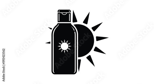 A striking black silhouette depicts a bottle of sunscreen with radiating sunbeams emphasizing summer protection silhouette high quality