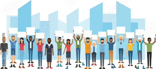 Illustration of a large diverse group of people protesting with blank signs in front of an urban city skyline