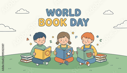 Children sitting on green ground reading books on world book day