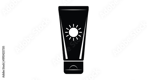 A minimalist black silhouette depicts a tube of sunscreen with a sun symbol showcasing protection silhouette high quality