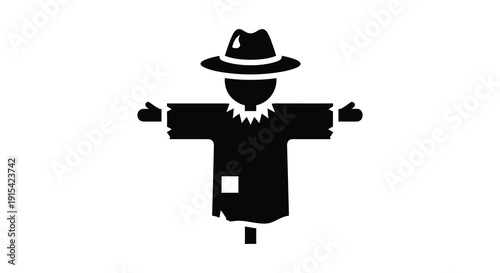 A simple black silhouette depicts a traditional scarecrow figure with a hat and crossed arms silhouette high quality