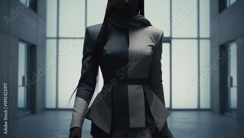 Fashionable Woman in Striking Geometric Suit Walking Towards Camera in Modern Architectural Space