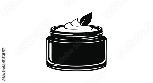 A minimalist illustration of a jar containing a creamy substance topped with a single green leaf silhouette