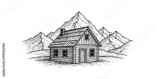 Cabin illustration with mountains outdoors black and white