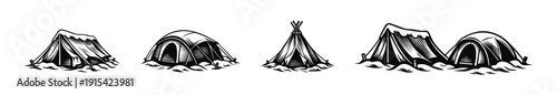 Camping tents collection. flat vector icons set with teepee and snow-covered shelter designs