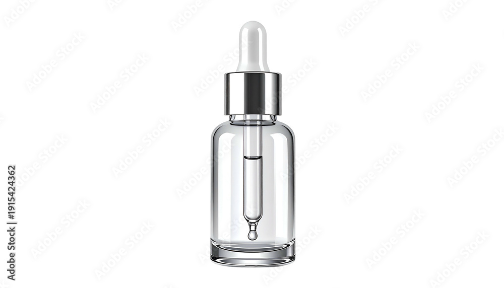 Fototapeta premium A clear, glass bottle with a dropper, filled with transparent liquid, on black