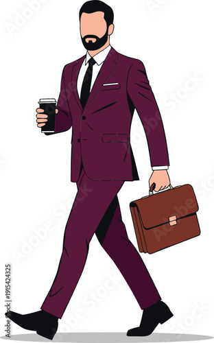 Full body illustration of a bearded businessman wearing a maroon suit carrying a briefcase and coffee for career design