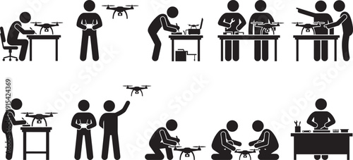 Drone technician and pilot icons set, black silhouette engineers assembling repairing testing and flying UAV systems