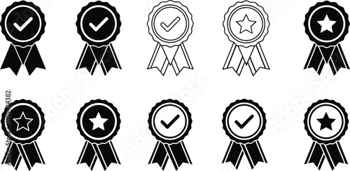 Award Ribbon Badge Icon Set with Star and Checkmark Symbols for Quality Certification, Product Guarantee, Winner Recognition, and Achievement Achievement Awards