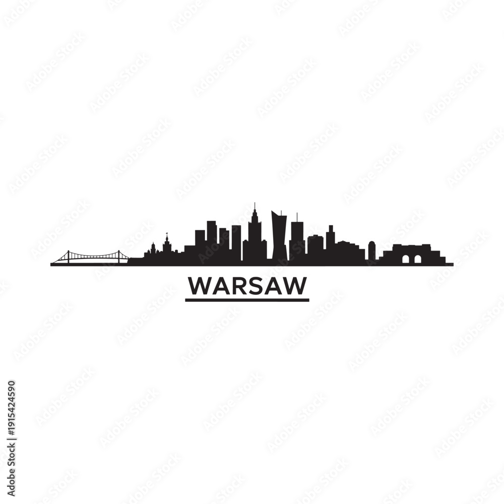 Fototapeta premium A stark black silhouette of the warsaw skyline with the city s name