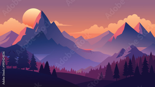 Mountain landscape vector illustration with sunset