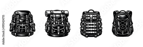 Backpack flat vector icons set. hiking, camping, adventure gear illustrations