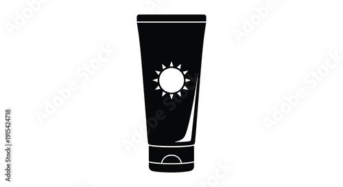 A stark black silhouette of a tube of sunscreen displays a sunburst design creating a bold visual statement silhouette