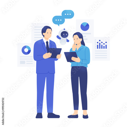 AIエージェントとデータ分析するビジネスチーム。タブレットを持つビジネスパーソンの全身イラスト素材。