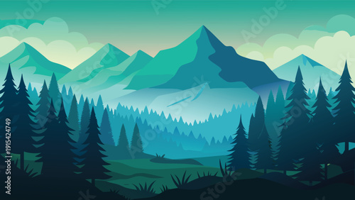 Mountain landscape with pine trees vector illustration