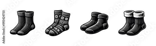 Flat vector icons set of socks. warm footwear, cozy knitted styles. winter clothing essentials