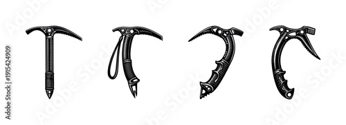 Ice axe tools collection: flat vector icons set for climbing and mountaineering equipment
