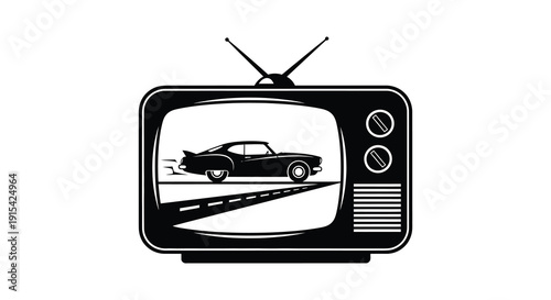 A retro television set displays a classic muscle car speeding down a highway creating a striking silhouette