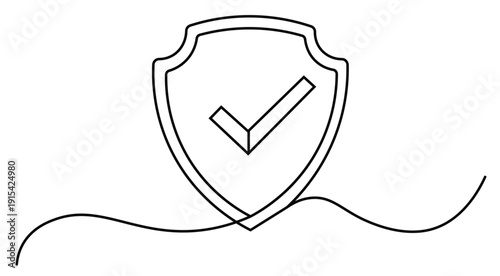 Continuous line drawing of a shield with a checkmark for security and protection