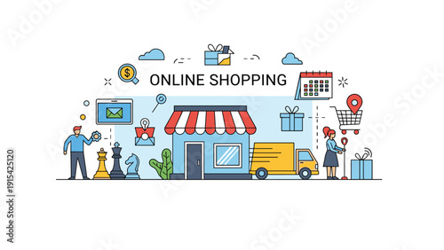 Comprehensive online shopping infographic concept featuring retail store icons, delivery trucks, digital payments, and user interaction symbols.