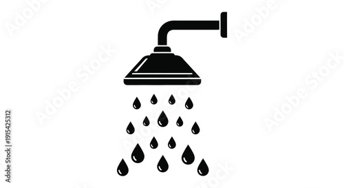 A minimalist depiction of a showerhead with falling water droplets against a stark white background silhouette high quality