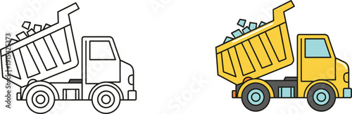 Outline illustration of a yellow dump truck with rocks spilling from its open bed