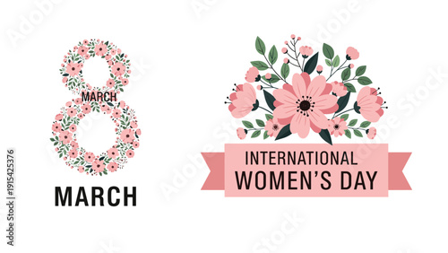 Beautiful International Womens Day greeting card design featuring the number eight and floral arrangements to celebrate March 8th.