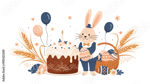 Adorable Easter bunny character standing next to a traditional frosted cake and a basket filled with beautifully decorated eggs.
