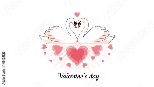 Romantic Valentines Day illustration featuring two white swans facing each other to form a heart shape surrounded by pink hearts.