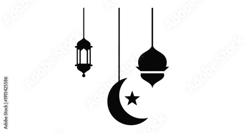 A minimalist depiction of islamic lanterns a crescent moon and a star in a striking black silhouette