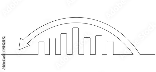 Continuous line drawing of a bar chart with a downward arrow representing economic decline