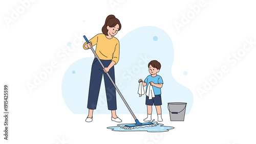 Heartwarming scene of a mother and her young son working together to mop and clean the floor in their bright family home.