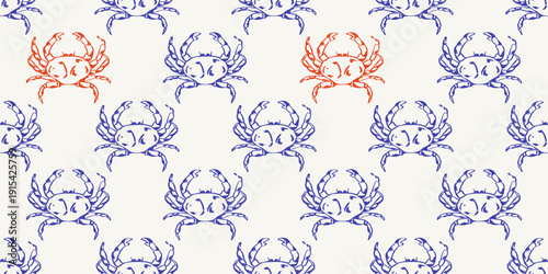 Seamless mediterranean crab pattern inspired by coastal cuisine and seaside markets. Blue and red crustaceans create a repeating marine motif perfect for fabric, wallpaper and packaging.
