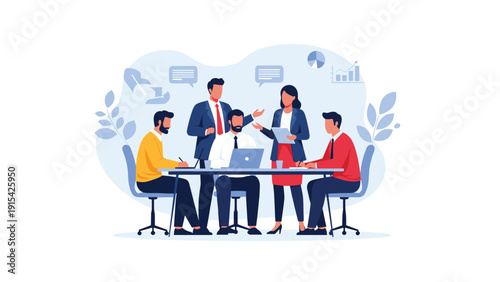 Professional diverse team of colleagues engaged in a collaborative business meeting around a table in a modern office setting.